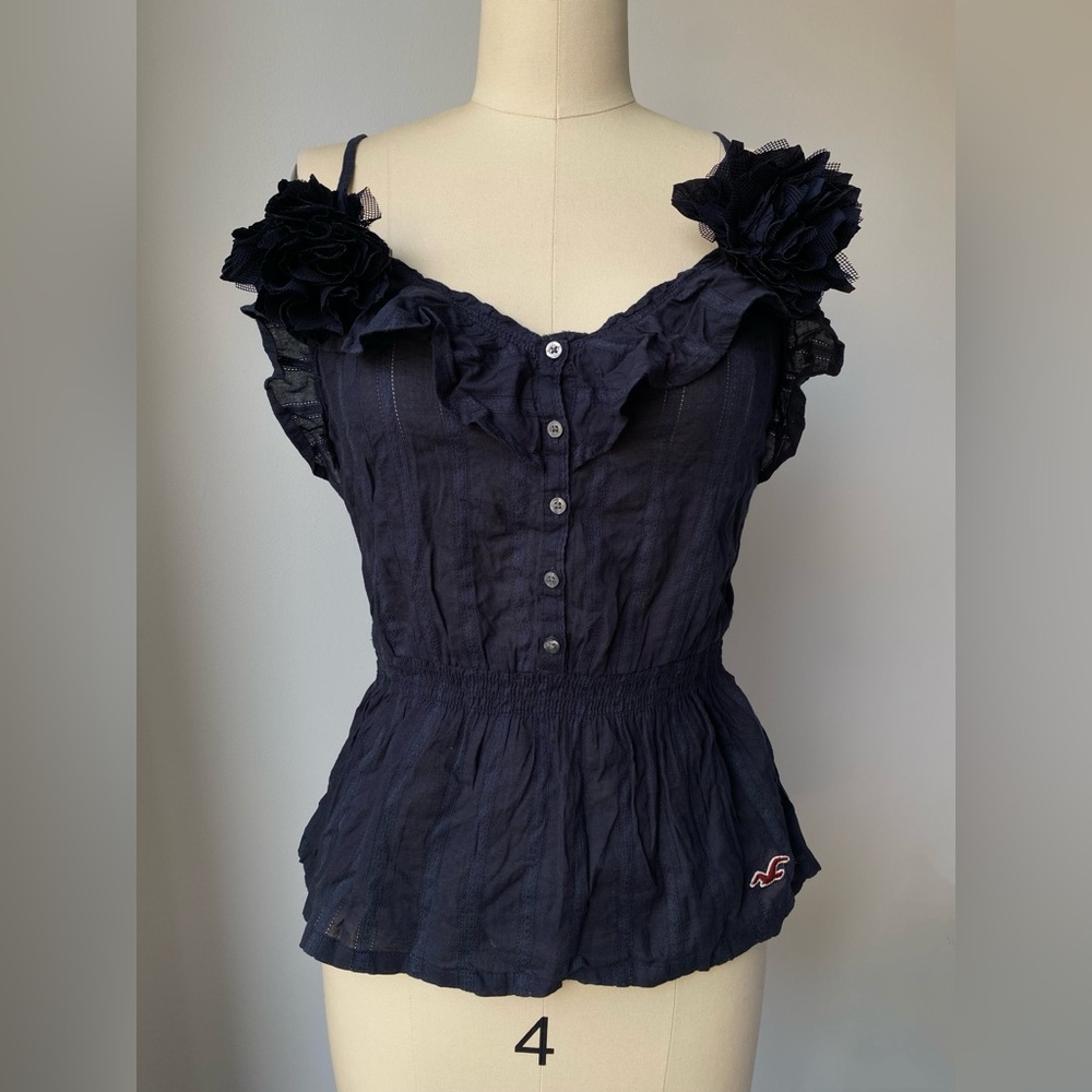 Hollister Co. Y2K Navy Blue Cotton Ruffle Babydoll Blouse